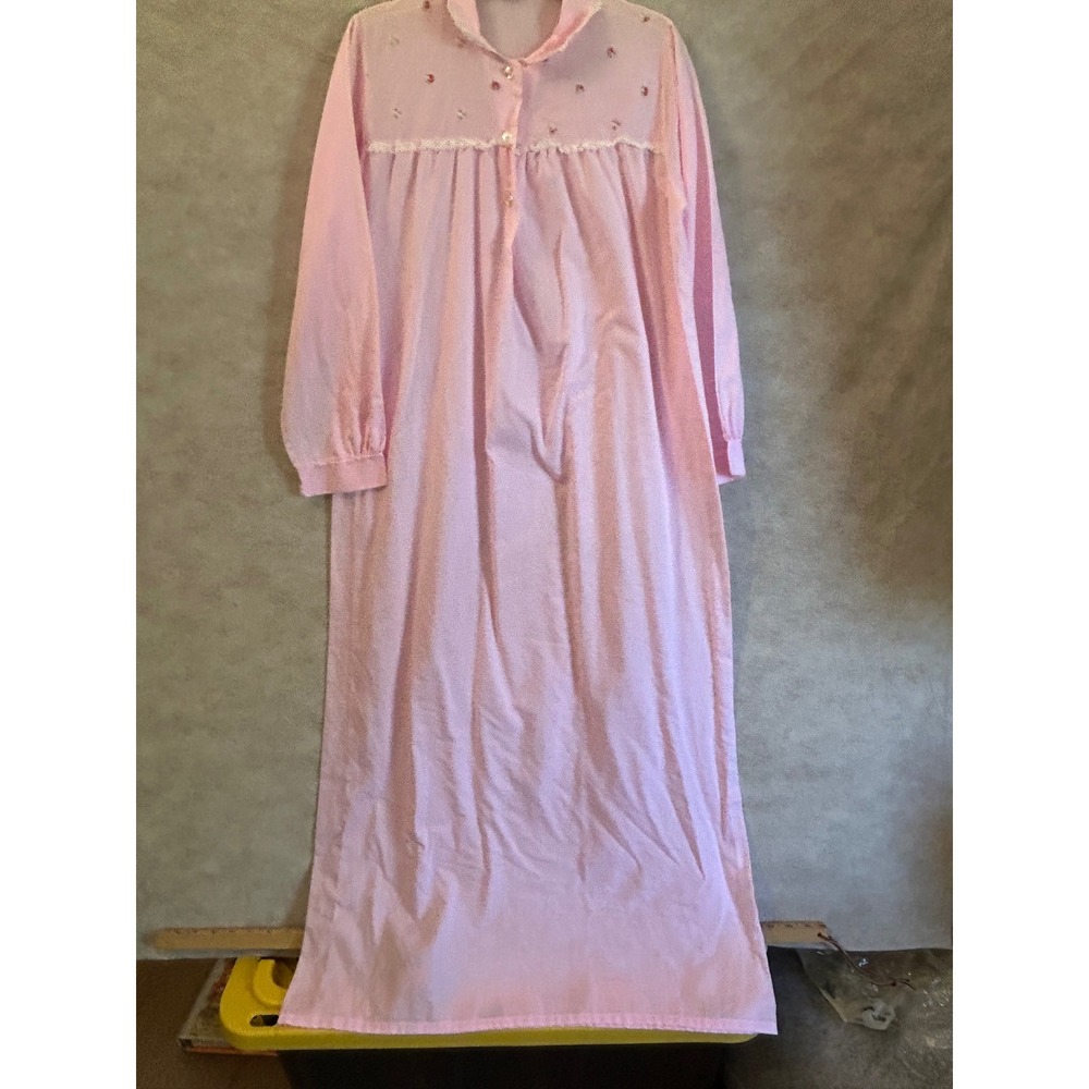 Vintage Katz Pink Floral Embroidered Lace Trim Nightgown Long Sleeve Maxi Dress
